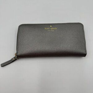 Kate Spade New York Gray Leather Zip-Around Wallet With 12 Card Slots & Interior